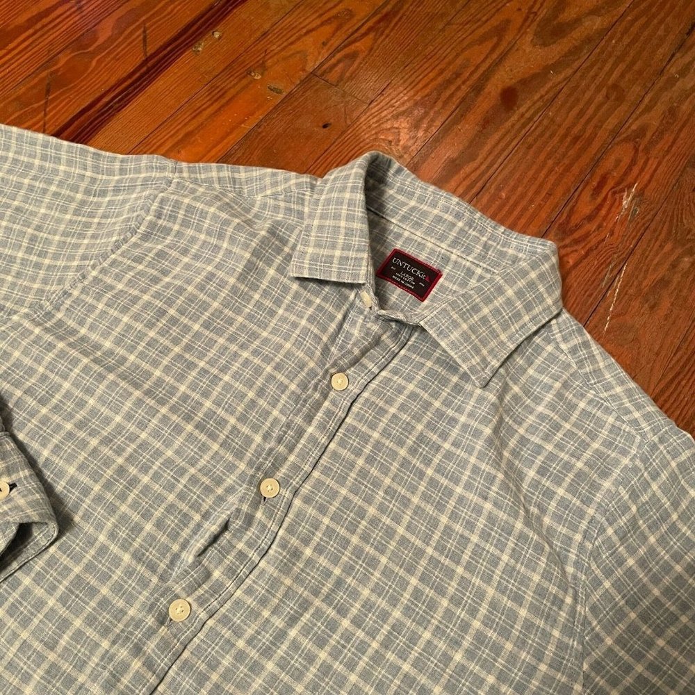 Untuckit Men's Blue Plaid 100% Cotton Large L Button Up Long Sleeve Collar Shirt